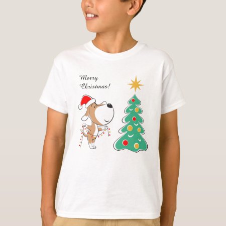 Merry Christmas Tree Cute Puppy Dog Santa Hat T-Sh