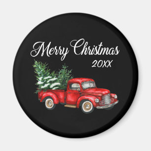 Merry Christmas Tree Date Vintage Red Truck Black Magnet