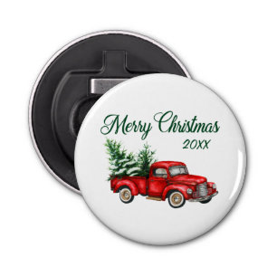 Merry Christmas Tree Date Vintage Red Truck Bottle Opener