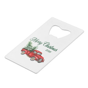 Merry Christmas Tree Date Vintage Red Truck Credit Card Bottle Opener