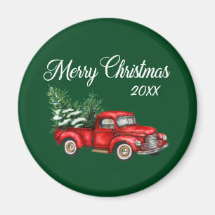 Merry Christmas Tree Date Vintage Red Truck Green Magnet