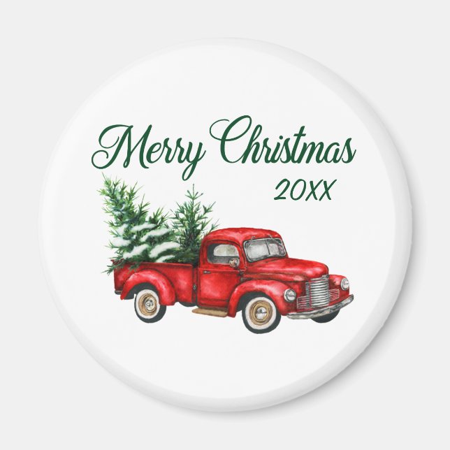 Merry Christmas Tree Date Vintage Red Truck Magnet (Front)