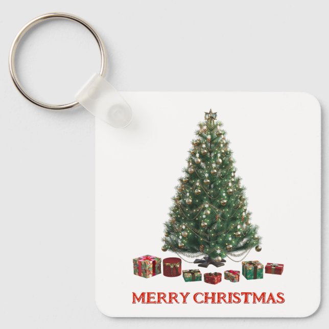 Merry Christmas. Tree (design 1) with gifts Keychain (Front)