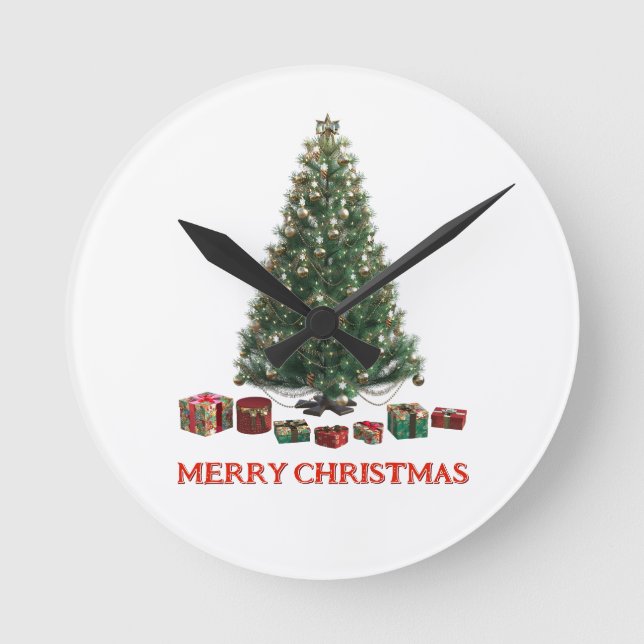 Merry Christmas. Tree (design 1) with gifts Round Clock (Front)
