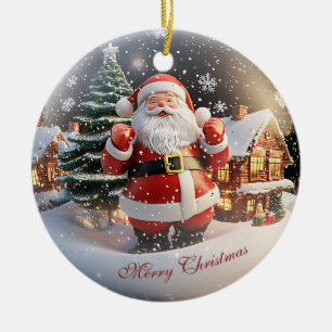 Merry Christmas Tree Falling Snow Santa Clause  Ceramic Ornament