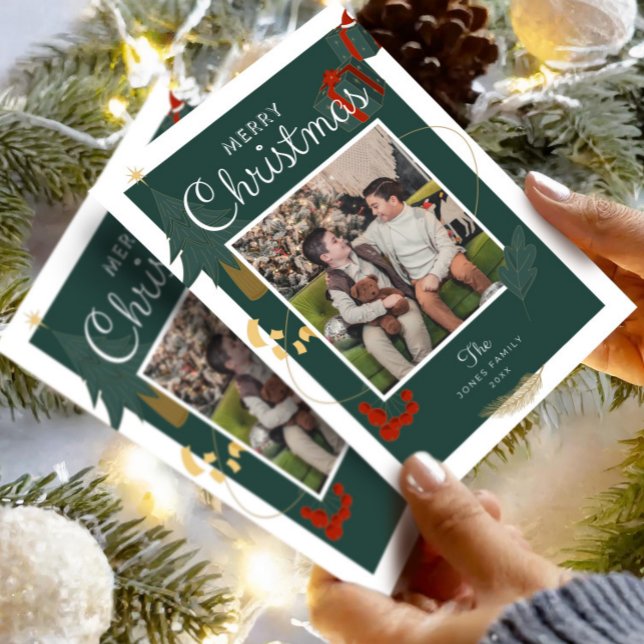  Merry Christmas Tree Family Photo Green Red Holiday Card (Christmas Card Photo Editable , Boho Holiday Card , Unique Merry Christmas Family Printable )