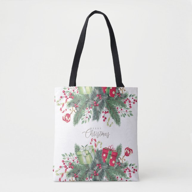 Merry Christmas Tree Festive Holiday Gift Design Tote Bag (Front)
