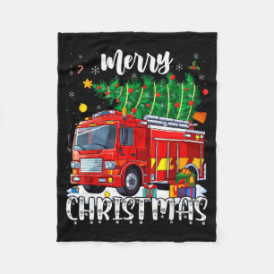Merry Christmas Tree Firetruck Pajama Firefighter  Fleece Blanket