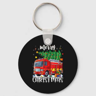 Merry Christmas Tree Firetruck Pajama Firefighter  Keychain