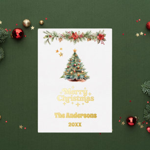 Merry Christmas tree garland photo year in review Foil Holiday Card