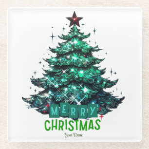 Merry Christmas Tree Glass Coaster