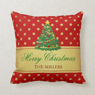 Merry Christmas Tree - Gold Glitter Polka Dots Throw Pillow
