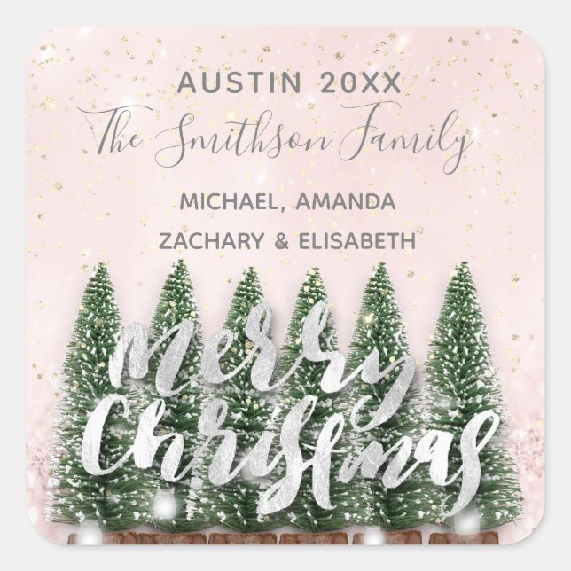 Merry Christmas Tree Gold Pink Winter Lights Snow Square Sticker (Front)