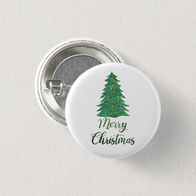 Merry christmas tree- green glitter   1 inch round button (Front & Back)