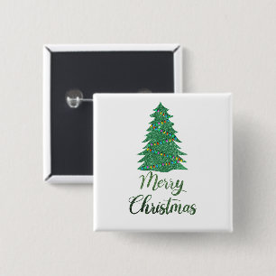 Merry christmas tree- green glitter 2 inch square button