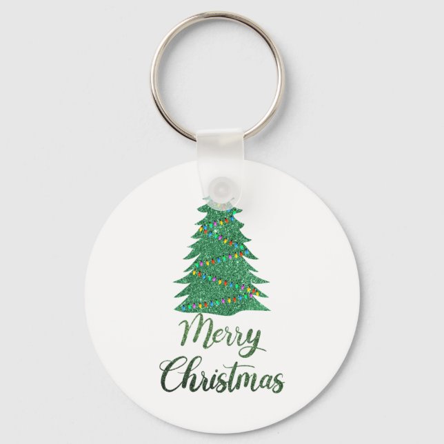 Merry christmas tree- green glitter  keychain (Front)