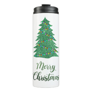 Merry christmas tree- green glitter thermal tumbler