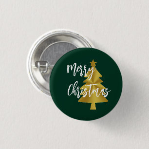 Merry Christmas Tree Green Gold and White Script 1 Inch Round Button