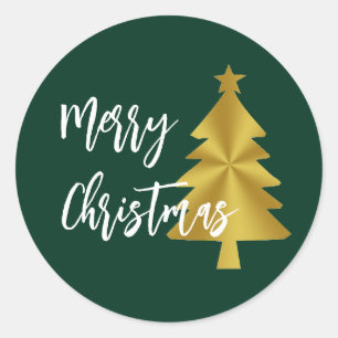 Merry Christmas Tree Green Gold and White Script Classic Round Sticker
