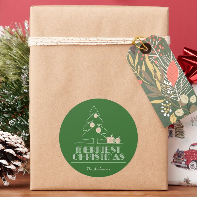 Merry Christmas Tree Green Holiday Classic Round Sticker (Holiday)