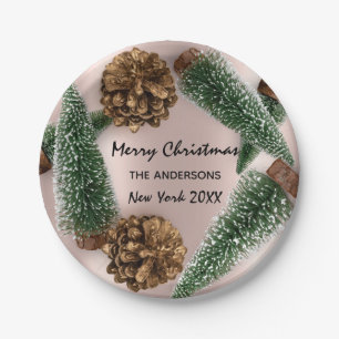 Merry Christmas Tree Green White Snow Rose Paper Plate