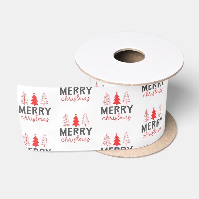 Merry Christmas Tree Grey Red Satin Ribbon (Spool)