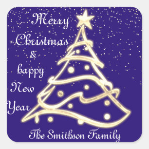 Merry Christmas Tree Happy New Year Gold Navy Square Sticker