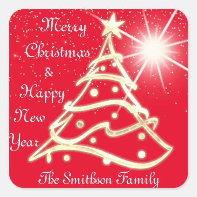 Merry Christmas Tree Happy New Year Gold Red Square Sticker (Front)