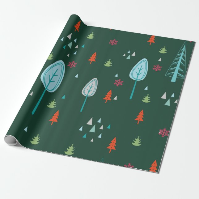 Merry Christmas Tree Holiday Green Pattern Gift Wrapping Paper (Unrolled)