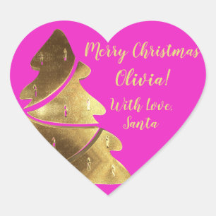 Merry Christmas Tree Hot Pink and Gold Elegant Heart Sticker