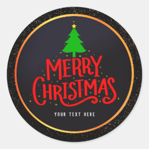 Merry Christmas Tree in Black Glitter Background Classic Round Sticker