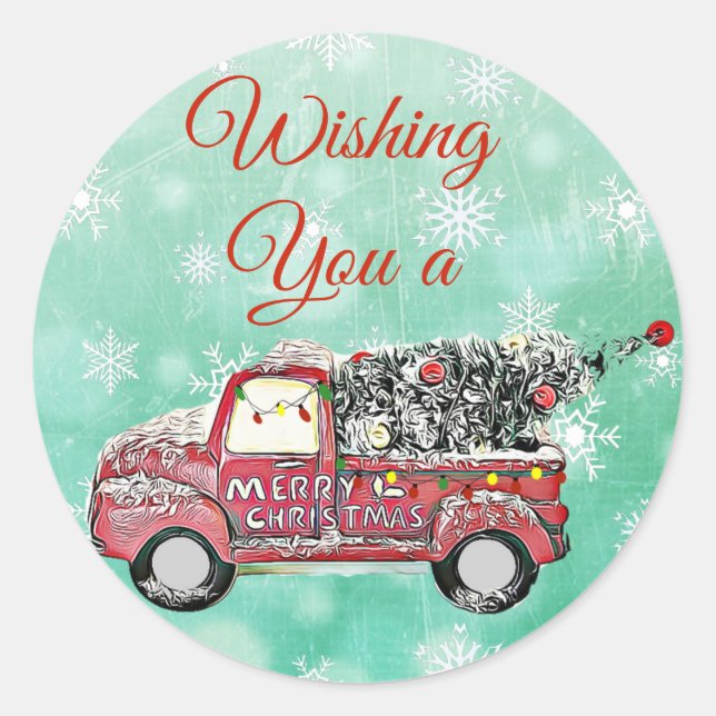Merry Christmas Tree in Truck Classic Round Sticker (Front)
