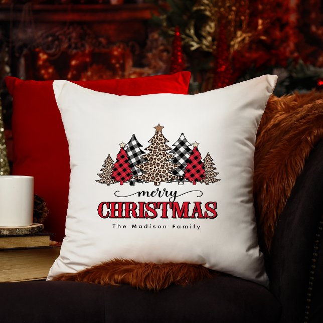 Merry Christmas Tree Leopard & Buffalo Plaid Throw Pillow (Creator Uploaded)