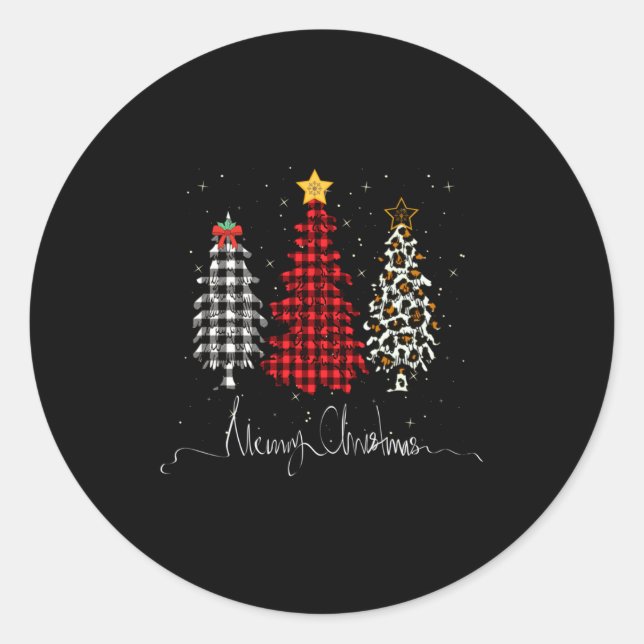 Merry Christmas Tree Leopard Plaid Printed  Classic Round Sticker (Front)