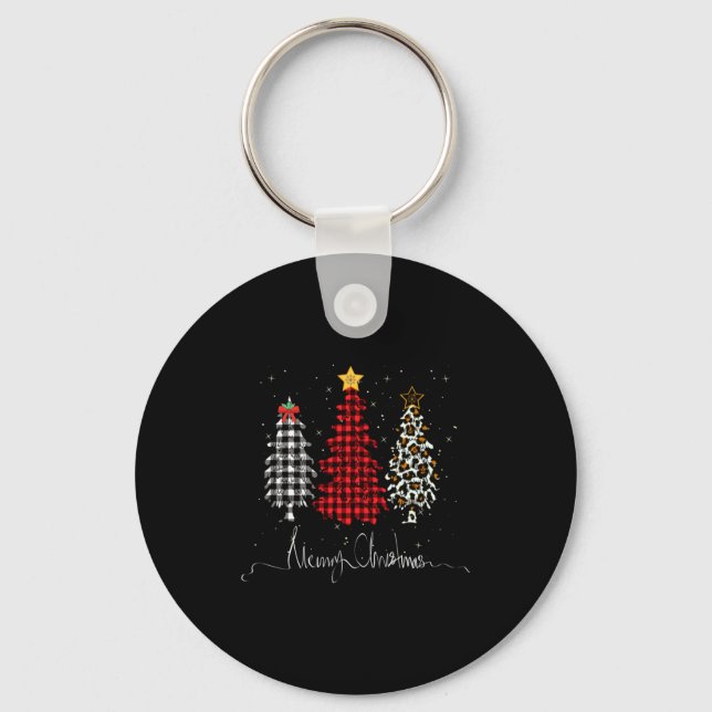 Merry Christmas Tree Leopard Plaid Printed  Keychain (Front)