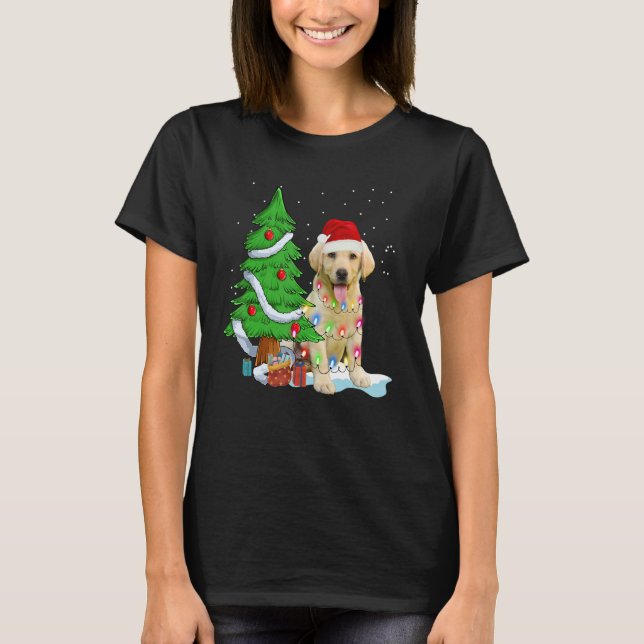 Merry Christmas Tree Light Santa Hat Dog Labrador  T-Shirt (Front)