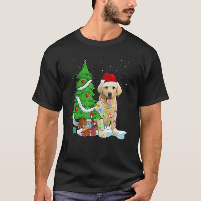 Merry Christmas Tree Light Santa Hat Dog Labrador  T-Shirt (Front)