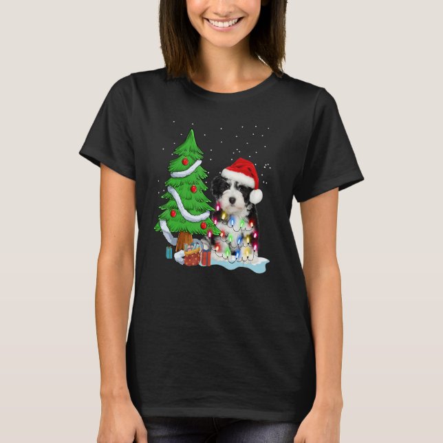 Merry Christmas Tree Light Santa Hat Dog Shih Tzu  T-Shirt (Front)