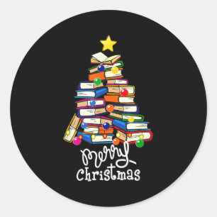 Merry Christmas Tree Love Reading Books Librarian Classic Round Sticker
