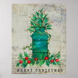 Merry Christmas Tree Milk Can Collage Poster<br><div class="desc">A "Merry Christmas" poster decorated with a farmhouse collage design featuring decorated pine branches a vintage milk can with red ornaments along the base on a vintage script paper background.</div>