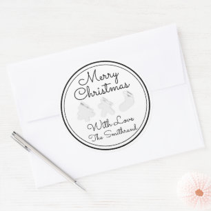 Merry Christmas Tree Name Black White Modern Classic Round Sticker