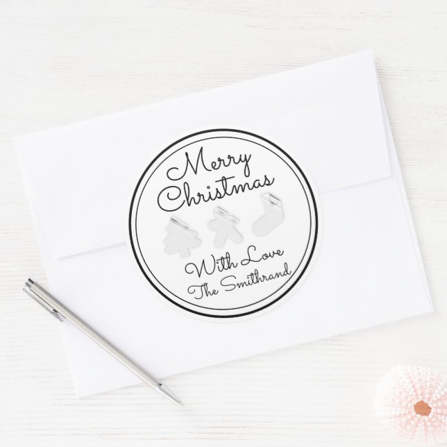 Merry Christmas Tree Name Black White Modern Classic Round Sticker (Envelope)