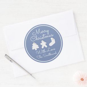 Merry Christmas Tree Name Blue White Framed  Classic Round Sticker