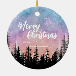 Merry Christmas tree Night gradient script forest Ceramic Ornament