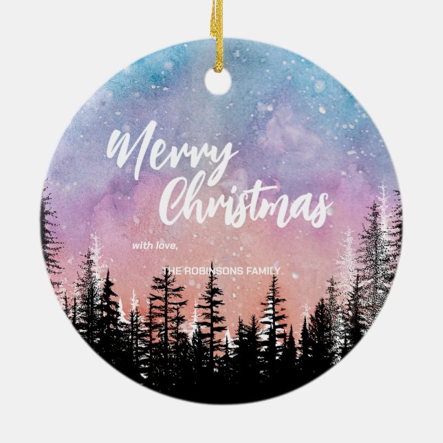 Merry Christmas tree Night gradient script forest  Ceramic Ornament (Back)