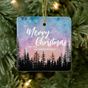 Merry Christmas tree Night gradient script forest Ceramic Ornament
