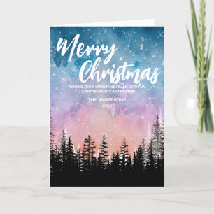 Merry Christmas tree Night gradient script forest Holiday Card