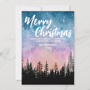 Merry Christmas tree Night gradient script forest Holiday Card