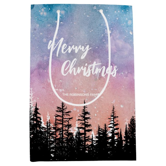 Merry Christmas tree Night gradient script forest  Medium Gift Bag (Front)