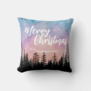 Merry Christmas tree Night gradient script forest Throw Pillow